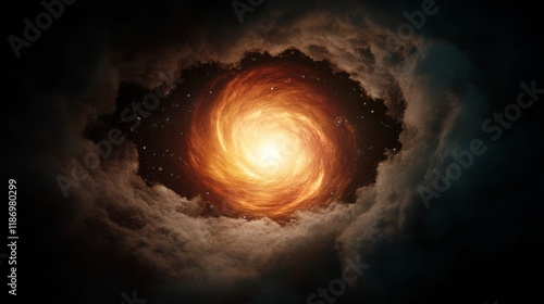 A stunning view of a swirling galaxy, radiating bright orange light, surrounded by dark clouds and speckled with distant stars, evoking the vastness of the universe.