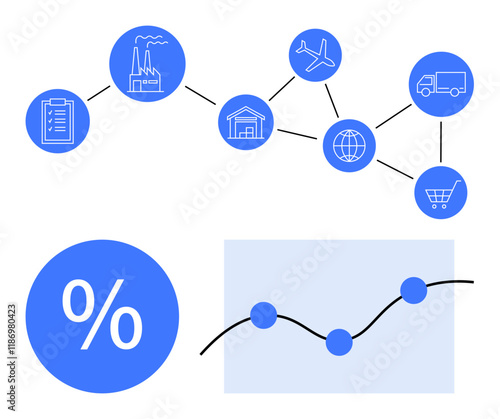 Network of supply chain elements including factory, warehouse, airplane, globe, truck, stores. Includes percentage and line graph visuals. Ideal for logistics, global trade distribution data