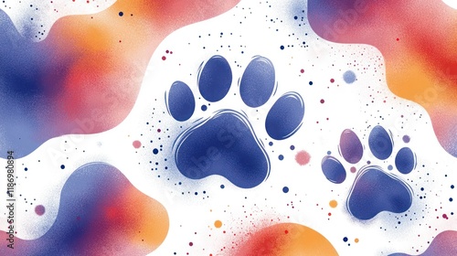 Blue paw prints on colorful abstract background.