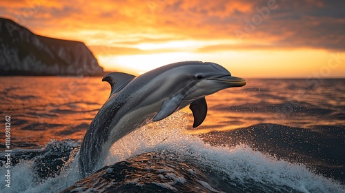 Dolphin Leaping at Sunset: A Breathtaking Ocean Scene photo