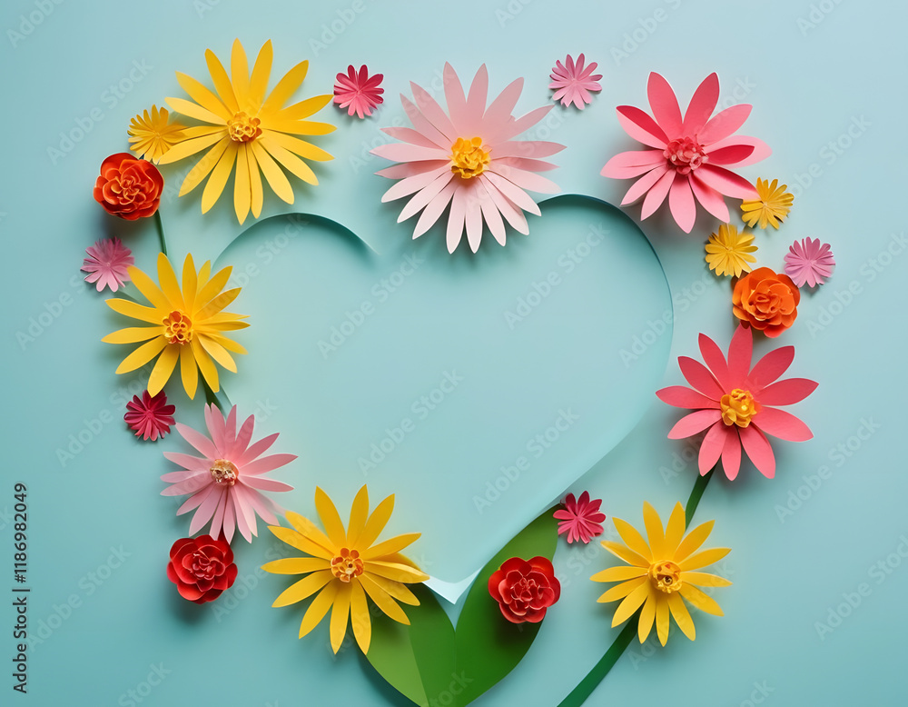 heart-shaped frame with colorful flowers on a blue background, Valentine's Day, Mother's Day card with copy space heart-shaped frame with colorful flowers on a blue background, Valentine's Day, Mother's Day card with copy space