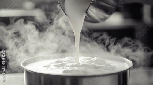 Hot milk pouring into steaming pot photo