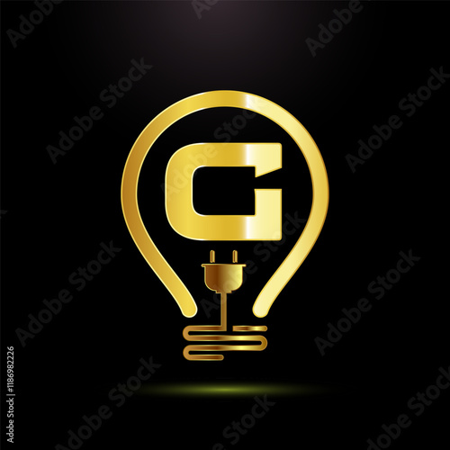 English alphabet G with an electric bulb and plug. Electricity logo design template gold color style
