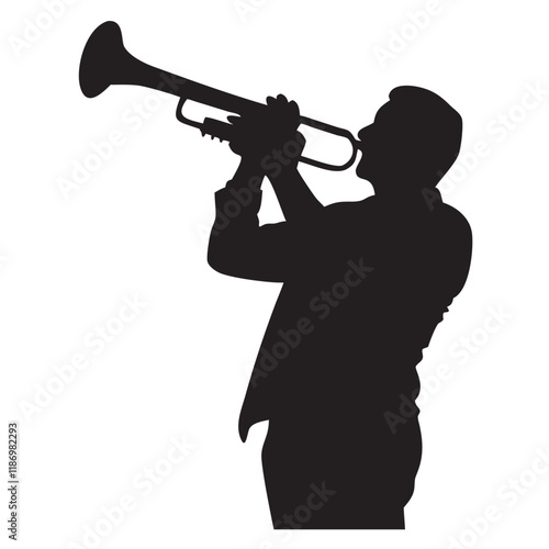 Silhouette of a musician, blowing a trumpet vector illustration isolated on a white background