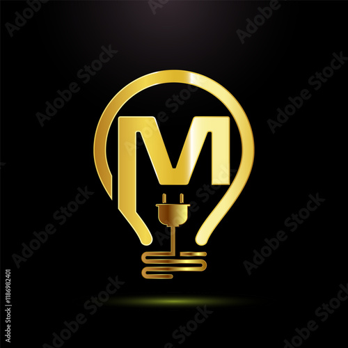 English alphabet M with an electric bulb and plug. Electricity logo design template gold color style