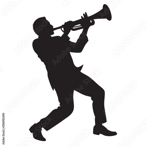 Silhouette of a musician, blowing a trumpet vector illustration isolated on a white background