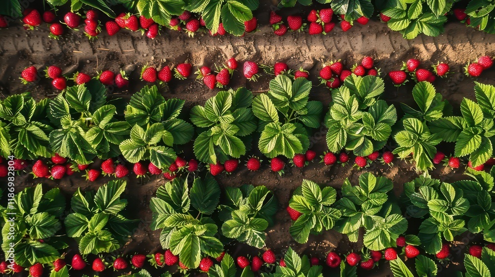 Naklejka premium Aerial view of vibrant strawberry plants with lush green leaves and ripe red fruit ready for harvest.