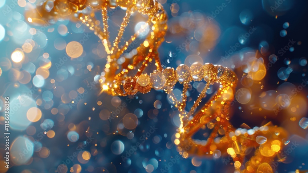 Orange DNA double helix spiral with shimmering light bokeh and bubbles, elegantly displayed on a blue backdrop Orange DNA double helix spiral with shimmering light bokeh and bubbles, elegantly displayed on a blue backdrop