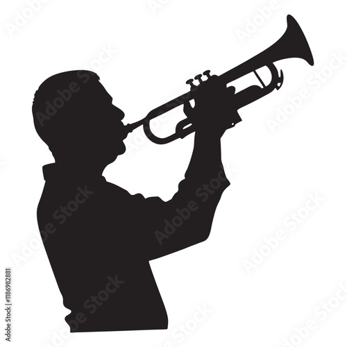 Silhouette of a musician, blowing a trumpet vector illustration isolated on a white background