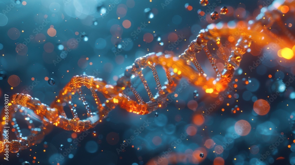 Orange DNA double helix spiral with shimmering light bokeh and bubbles, gracefully floating on a blue background Orange DNA double helix spiral with shimmering light bokeh and bubbles, gracefully floating on a blue background
