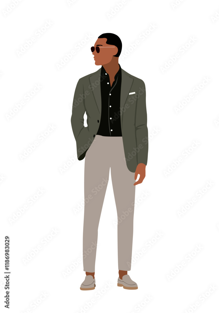 Black business man character standing. Handsome african american businessman in formal suit, smart casual office outfit. Vector realistic illustration isolated on transparent background Black business man character standing. Handsome african american businessman in formal suit, smart casual office outfit. Vector realistic illustration isolated on transparent background