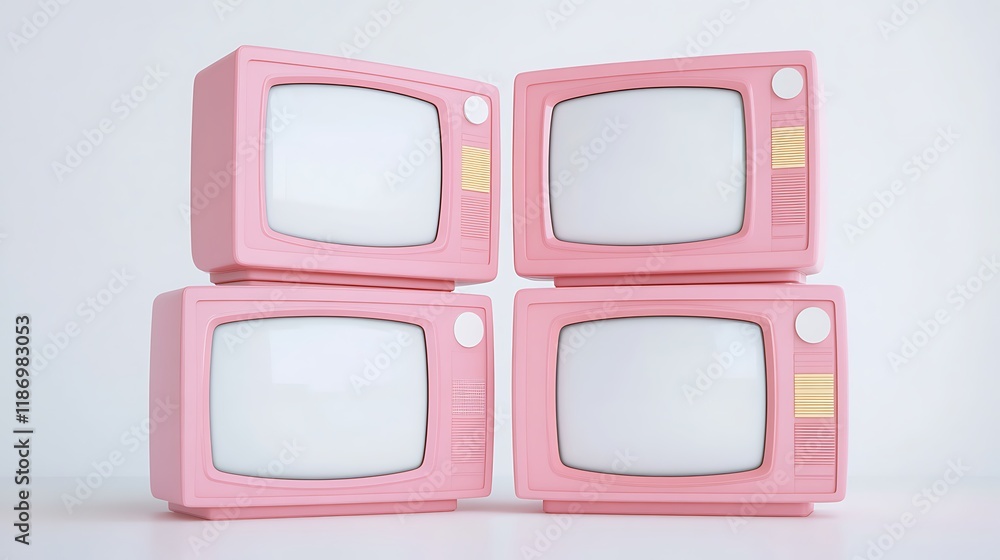 Four-unit stack of pink televisions from the 90s mock up white screens white background 8k real photo Four-unit stack of pink televisions from the 90s mock up white screens white background 8k real photo