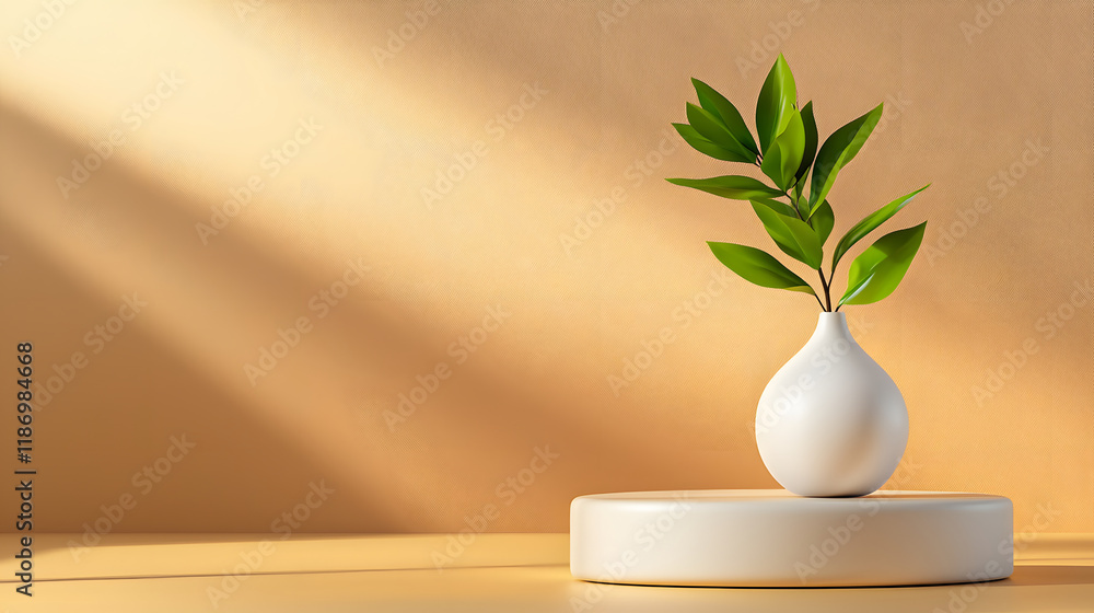 minimalist vase with green leaves sits elegantly on round pedestal, illuminated by soft light against warm, textured background. This serene composition enhances any space minimalist vase with green leaves sits elegantly on round pedestal, illuminated by soft light against warm, textured background. This serene composition enhances any space
