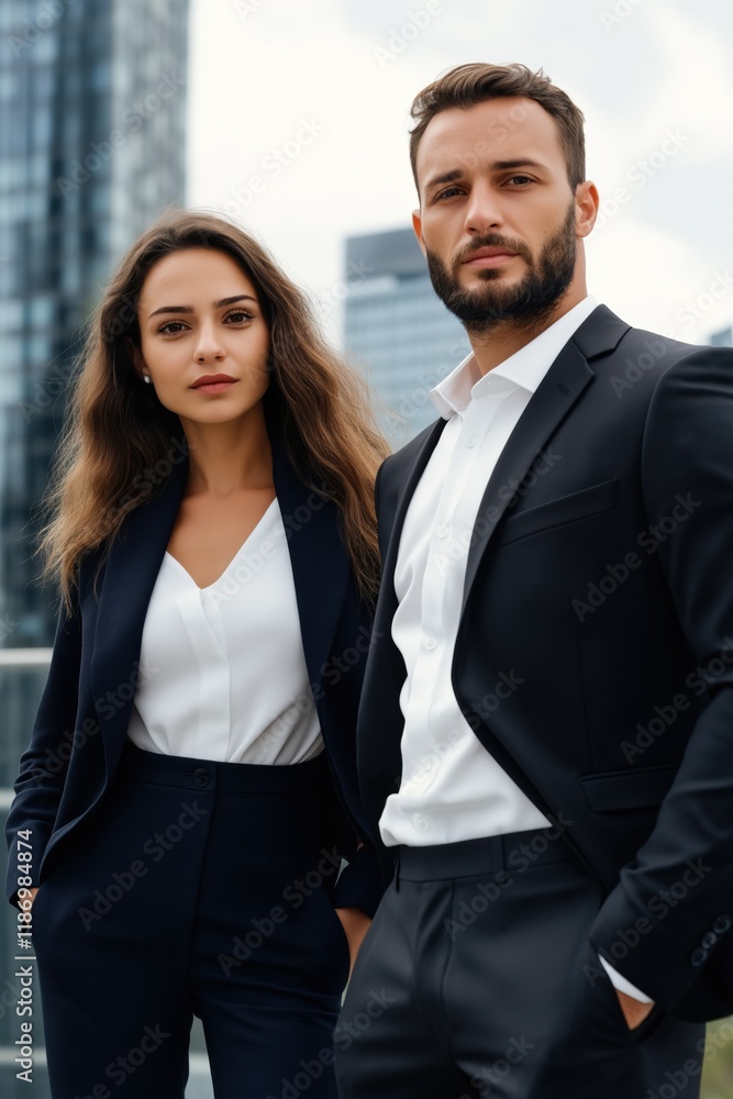 A man and a woman are standing next to each other in business attire. The man is wearing a white shirt and the woman is wearing a black suit. They both have their hands in their pockets A man and a woman are standing next to each other in business attire. The man is wearing a white shirt and the woman is wearing a black suit. They both have their hands in their pockets