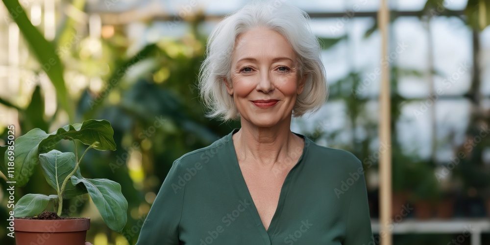 A woman is smiling and holding a plant in a pot. The plant is green and he is a small tree. The woman is standing in a greenhouse, surrounded by various plants. Concept of warmth and happiness A woman is smiling and holding a plant in a pot. The plant is green and he is a small tree. The woman is standing in a greenhouse, surrounded by various plants. Concept of warmth and happiness