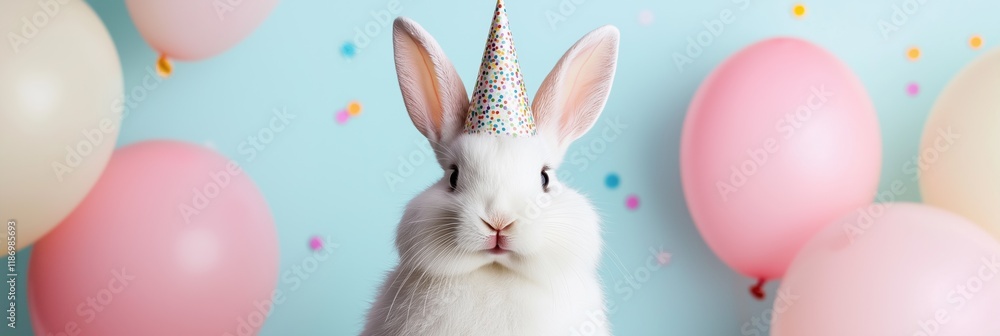 A rabbit wearing a party hat stands in front of a pink and white background with balloons. The rabbit is the main focus of the image, and the balloons and party hat suggest a festive A rabbit wearing a party hat stands in front of a pink and white background with balloons. The rabbit is the main focus of the image, and the balloons and party hat suggest a festive
