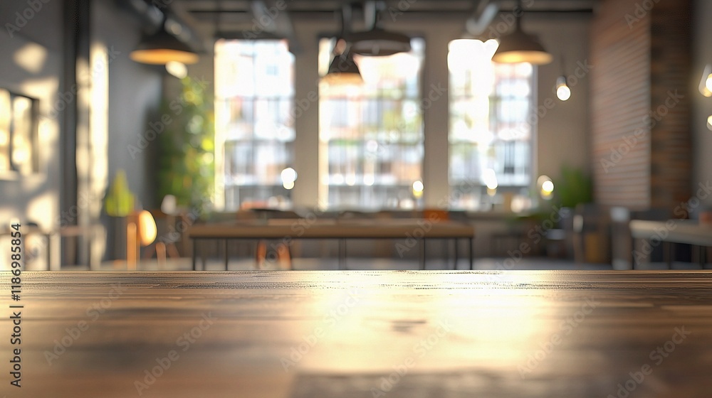Modern Industrial Loft Office with Blurred Background and Furniture Modern Industrial Loft Office with Blurred Background and Furniture
