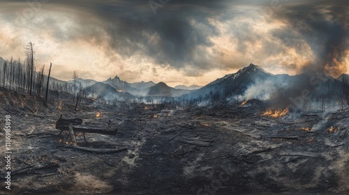 Dramatic Landscape of Burnt Forest After Wildfire, Charred Trees and Smoldering Ground Under Grayish Sky, Foothills in Background, Nature's Resilience photo