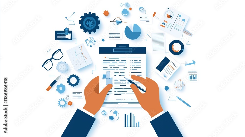 Hands Holding Clipboard with Business Analysis and Charts Overview Hands Holding Clipboard with Business Analysis and Charts Overview