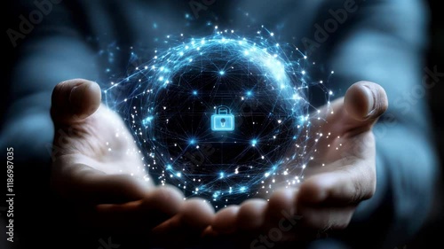 Global Network Security Animation: Glowing Sphere with Lock Icon – Cybersecurity Concept for Business and Tech