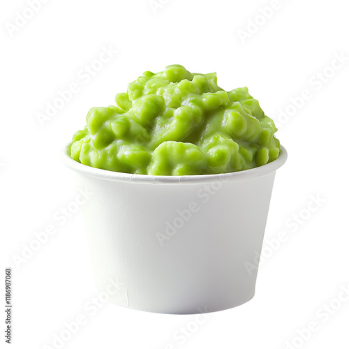 english mushy peas in a plain white takeaway pot, white background