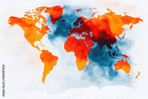 vibrant watercolor world map with warm and cool tones blending beautifully photo