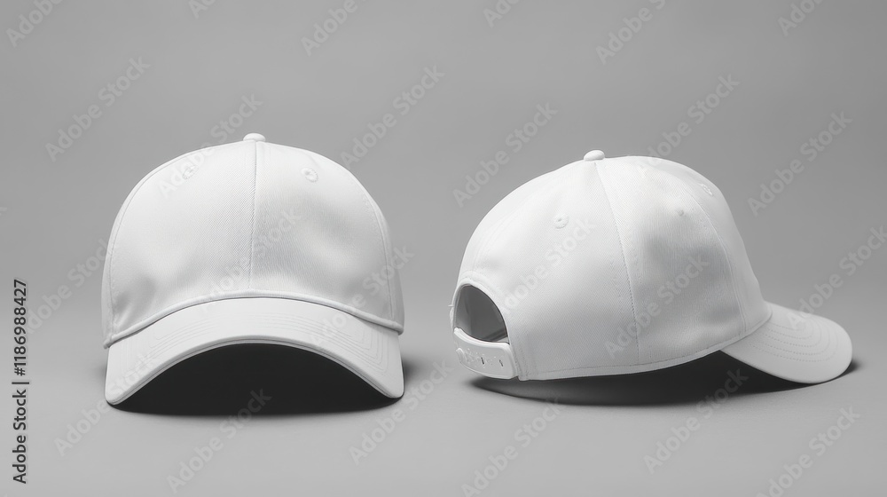 Two white baseball caps, front and back views, on a gray background.