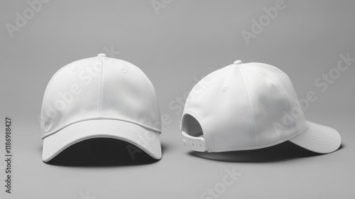 Obraz na płótnie Two white baseball caps, front and back views, on a gray background. w salonie