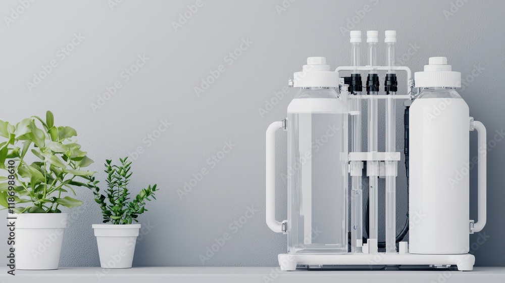 A sleek, modern water filtration system with clear bottles sits next to two small potted plants on a minimalist surface. A sleek, modern water filtration system with clear bottles sits next to two small potted plants on a minimalist surface.
