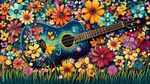 Psychedelic music poster style 60s 70s. Colorful vibrant flowers, grass surround guitar. Retro hippie poster vibe. Music festival theme. Cartoon illustration. Flower power, peace symbols. Creative