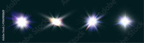 Set of glowing light effects with lens flares, starbursts, and radiant beams on a transparent background. Bright, luminous elements suitable for overlays and decoration.
