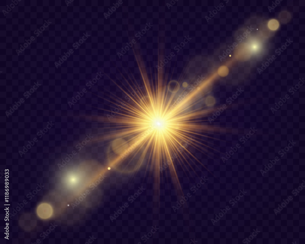 Golden glowing light effect with radiant beams, lens flares, and bokeh highlights on a transparent background, ideal for overlays and design decoration. Golden glowing light effect with radiant beams, lens flares, and bokeh highlights on a transparent background, ideal for overlays and design decoration.