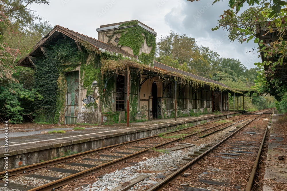 An abandoned train station overgrown with vegetation, showcasing nature reclaiming urban space. An abandoned train station overgrown with vegetation, showcasing nature reclaiming urban space.