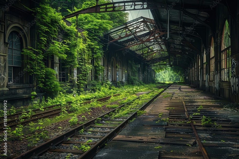 An abandoned train station overrun with lush greenery, showcasing nature reclaiming man-made structures. An abandoned train station overrun with lush greenery, showcasing nature reclaiming man-made structures.