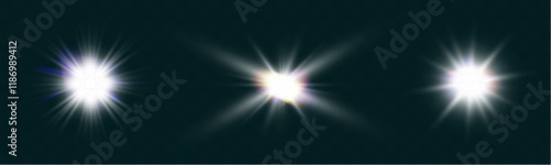 Set of glowing light effects with lens flares, starbursts, and radiant beams on a transparent background. Bright, luminous elements suitable for overlays and decoration.