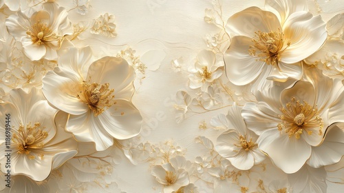 Fototapeta Naklejka Na Ścianę i Meble -  Luxury gold, cream flowers create 3D mural wallpaper design. Beautiful floral pattern. High-quality AI generated image ideal for home decor. Elegant, sophisticated wall decor. Luxury wallpaper
