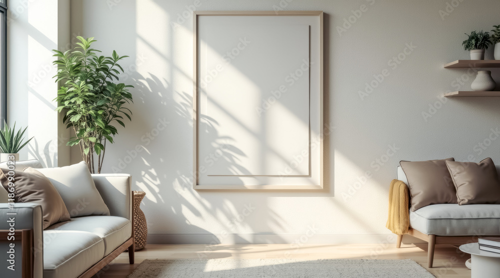 sunlit living room with empty frame neutral decor sunlit living room with empty frame neutral decor