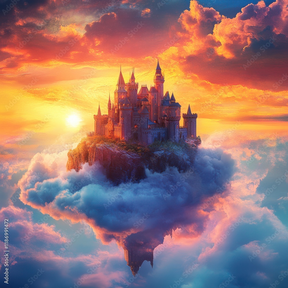 Enchanted castle on floating island surrounded by colorful clouds at sunset with warm light illuminating majestic towers and tranquil atmosphere Enchanted castle on floating island surrounded by colorful clouds at sunset with warm light illuminating majestic towers and tranquil atmosphere