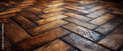 Dark brown wood herringbone parquet flooring.