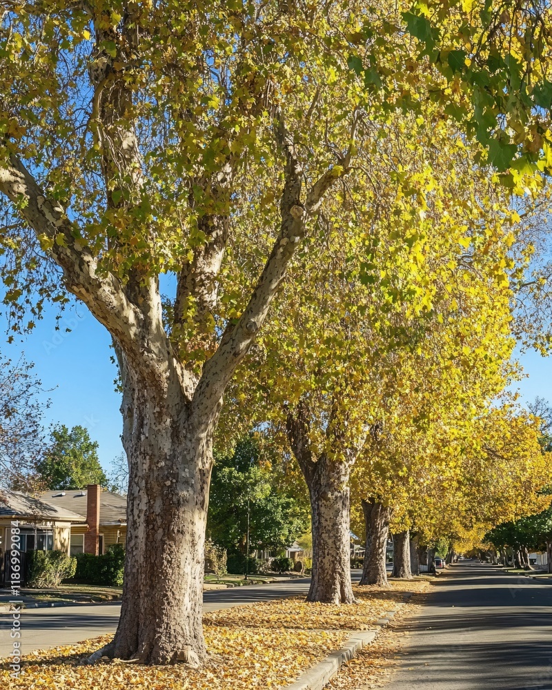 Golden Autumn Leaves Line Suburban Street Tree Canopy Sunlight Golden Autumn Leaves Line Suburban Street Tree Canopy Sunlight
