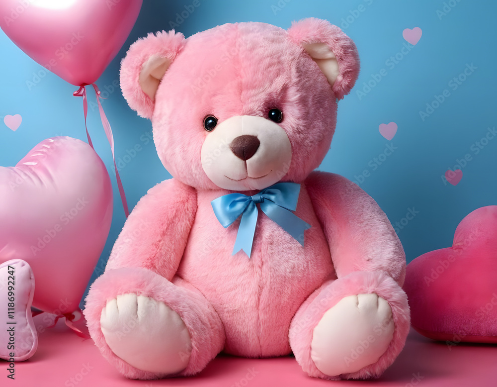 pink teddy bear with a blue and pink heart with a blue background, Valentine's gift pink teddy bear with a blue and pink heart with a blue background, Valentine's gift