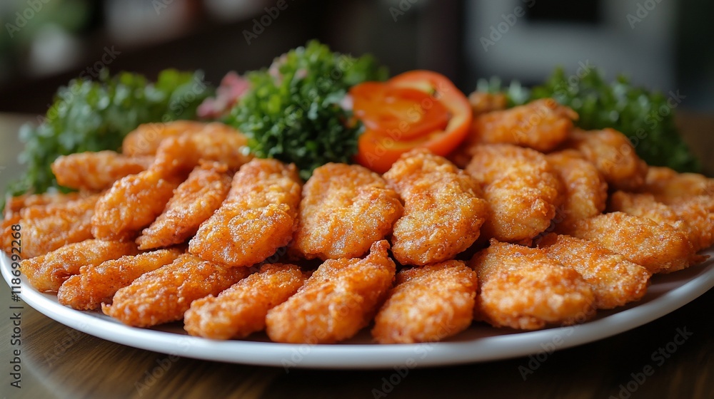 Golden-brown fried fish nuggets arranged on a platter with garnishes. Golden-brown fried fish nuggets arranged on a platter with garnishes.