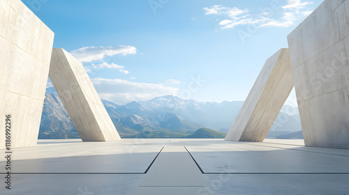 Fototapeta Naklejka Na Ścianę i Meble -  ancient inspired abstract architecture in 3d rendering featuring an expansive empty parking area with concrete flooring, set against a breathtaking mountain and open sky.