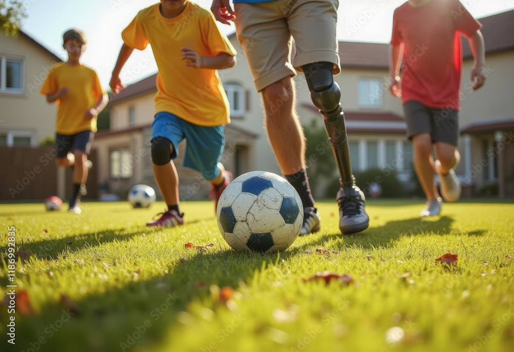 Diverse group of boys playing soccer on sunny day with amputee participant Diverse group of boys playing soccer on sunny day with amputee participant