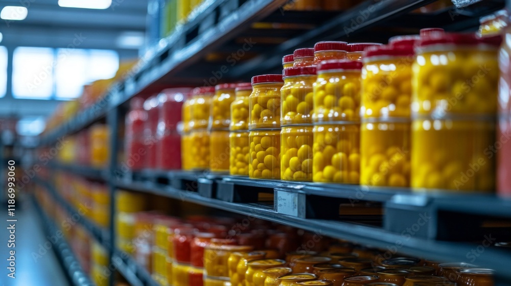 Yellow and Red Jars of Preserved Fruit on Shelves Yellow and Red Jars of Preserved Fruit on Shelves