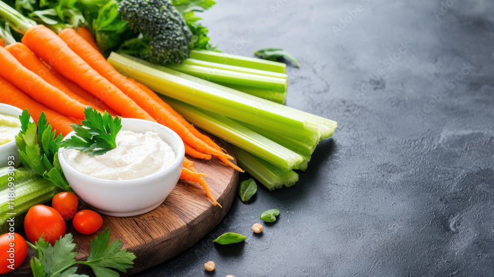 Fresh vegetables including carrots, celery, and broccoli arranged on wooden board with dips, perfect for healthy picnic or snack. Enjoy vibrant colors and nutritious options Fresh vegetables including carrots, celery, and broccoli arranged on wooden board with dips, perfect for healthy picnic or snack. Enjoy vibrant colors and nutritious options
