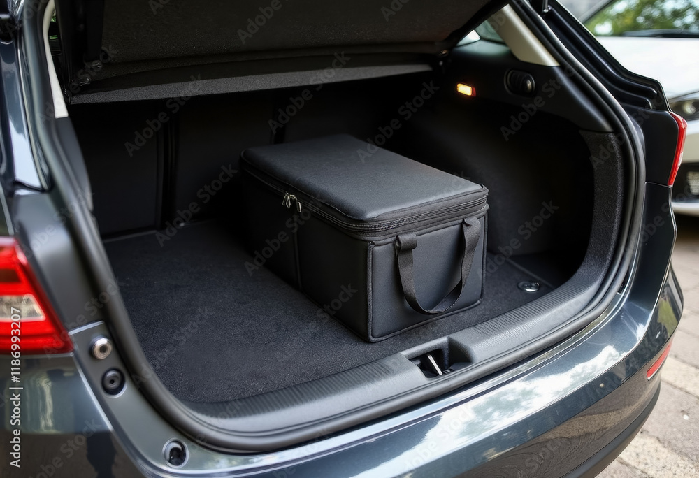 Open car trunk with black cooler bag placed inside Open car trunk with black cooler bag placed inside