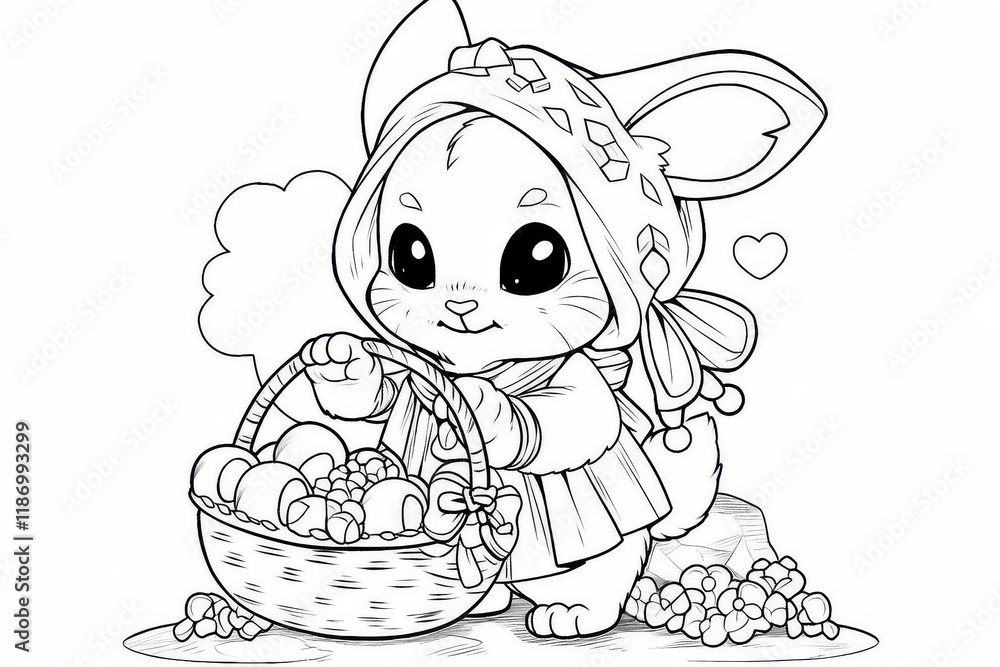 Cute cartoon bunny in an Easter costume holding a basket of eggs, simple black-and-white coloring page with clean lines. Cute cartoon bunny in an Easter costume holding a basket of eggs, simple black-and-white coloring page with clean lines.