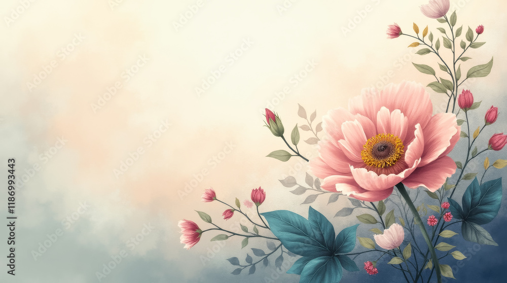 Beautiful floral arrangement with pink peonies and buds on soft pastel background Beautiful floral arrangement with pink peonies and buds on soft pastel background