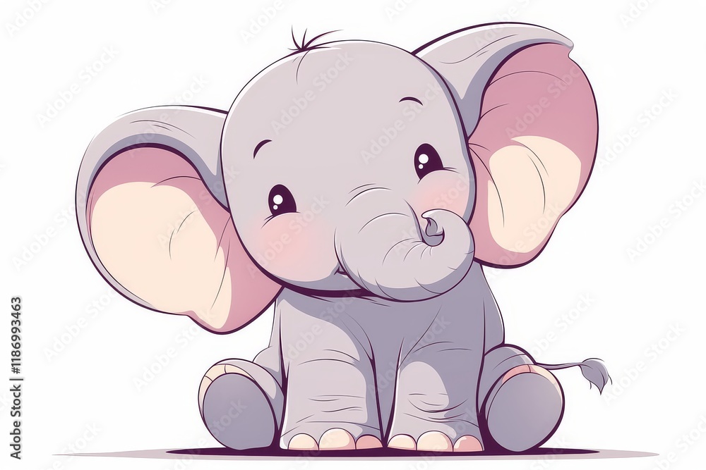 Fototapeta premium Cute cartoon elephant coloring page for kids, simple line art, baby elephant sitting with trunk raised, no shading, black lines on white background, flat design.